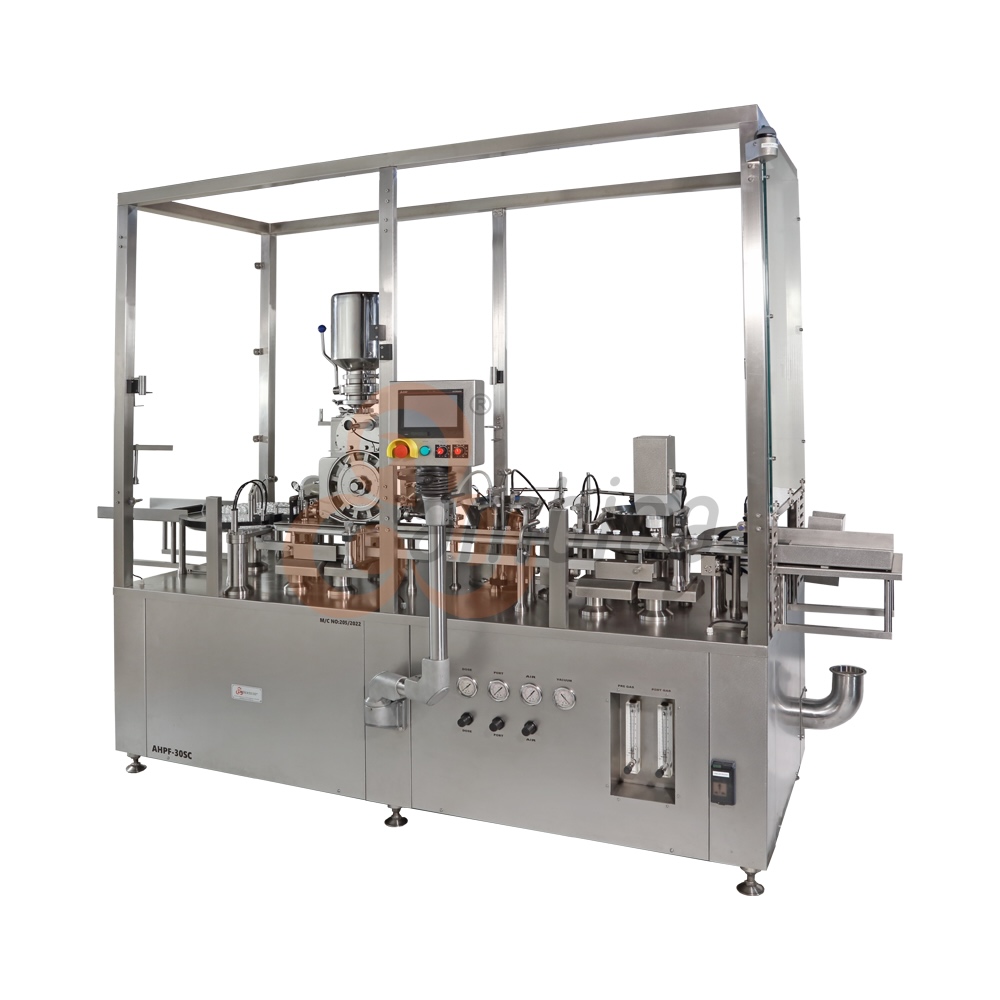 Automatic Multi Axis Servo Driven Injectable Dry Powder Filling with Servo Driven Pick and Place Type Rubber Stoppering and Cap Crimping Machine for Small Scale Batches and R&D. Model: AHPF-30CS
